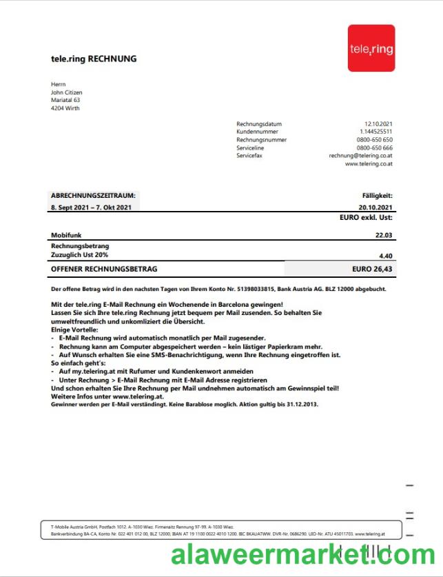 Sweden Tele Ring utility bill template in Word and PDF format